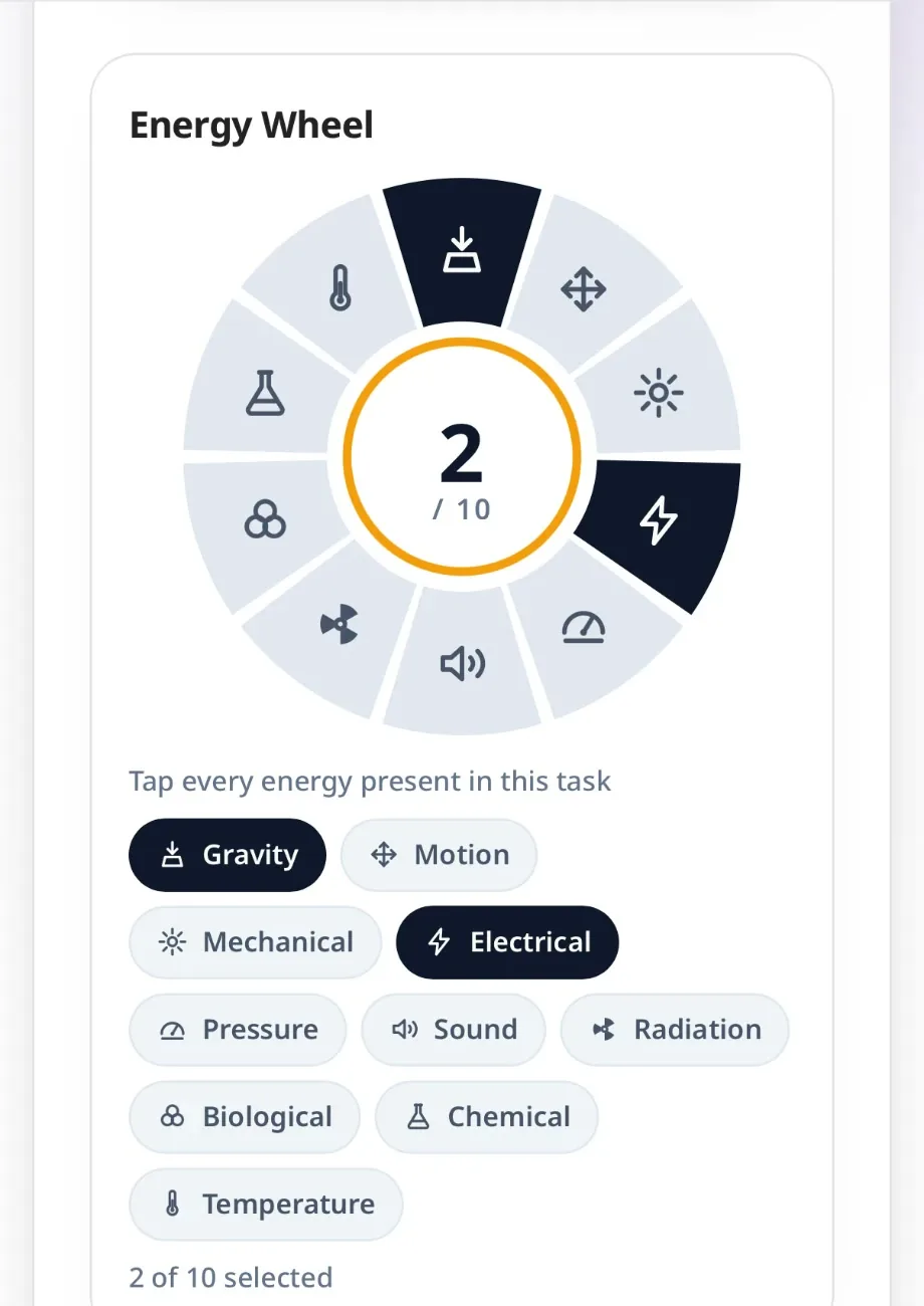 Energy wheel widget with Gravity and Electrical selected