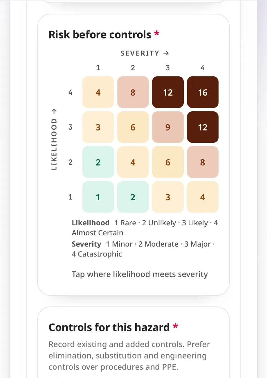Risk matrix widget for likelihood and severity