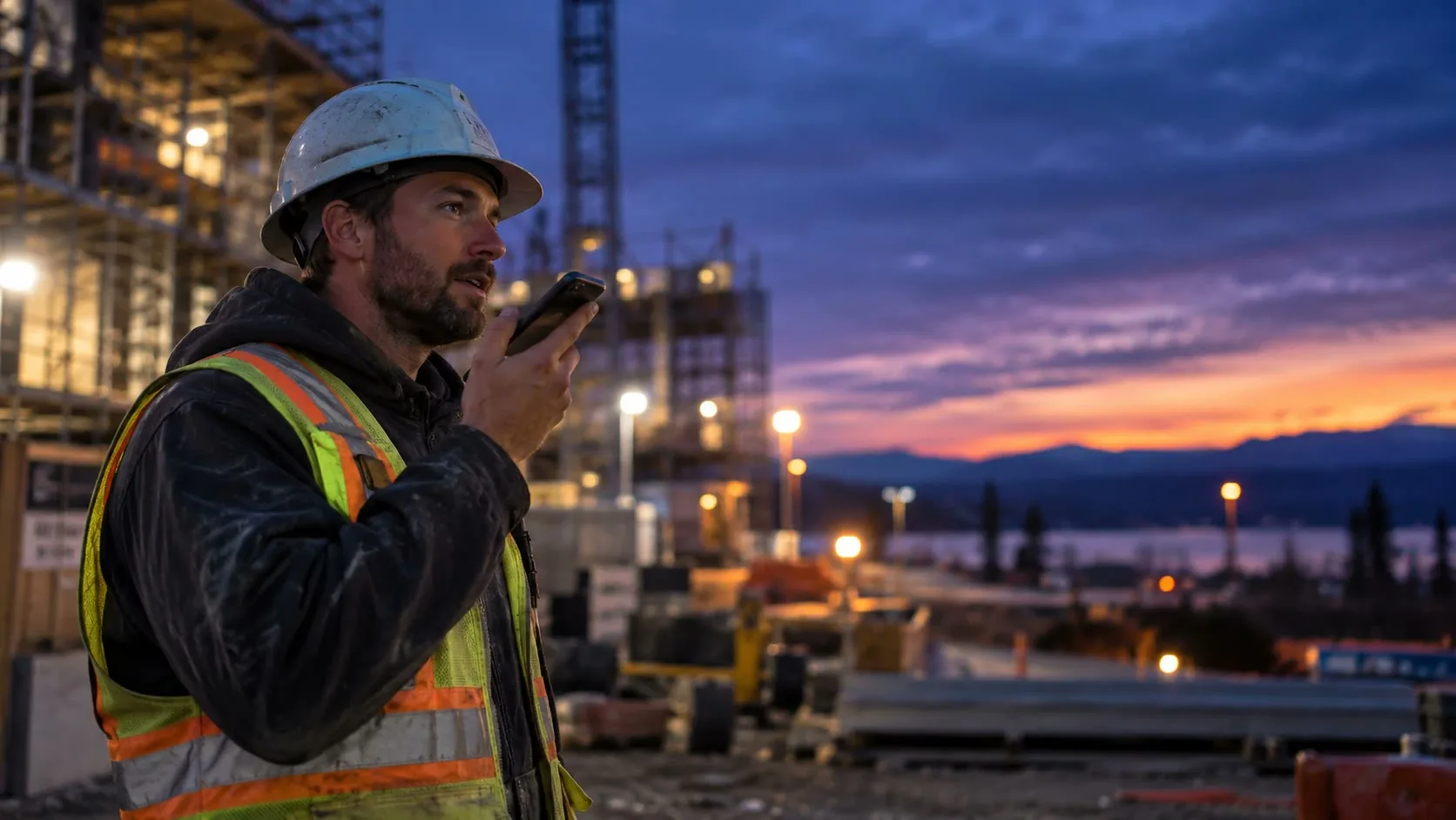 A construction worker in a hard hat and high-visibility vest speaking into a phone on a jobsite at dusk